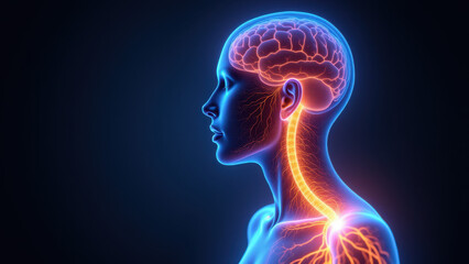 Illustration of a human head with highlighted Vagus Nerve Stimulation (VNS).