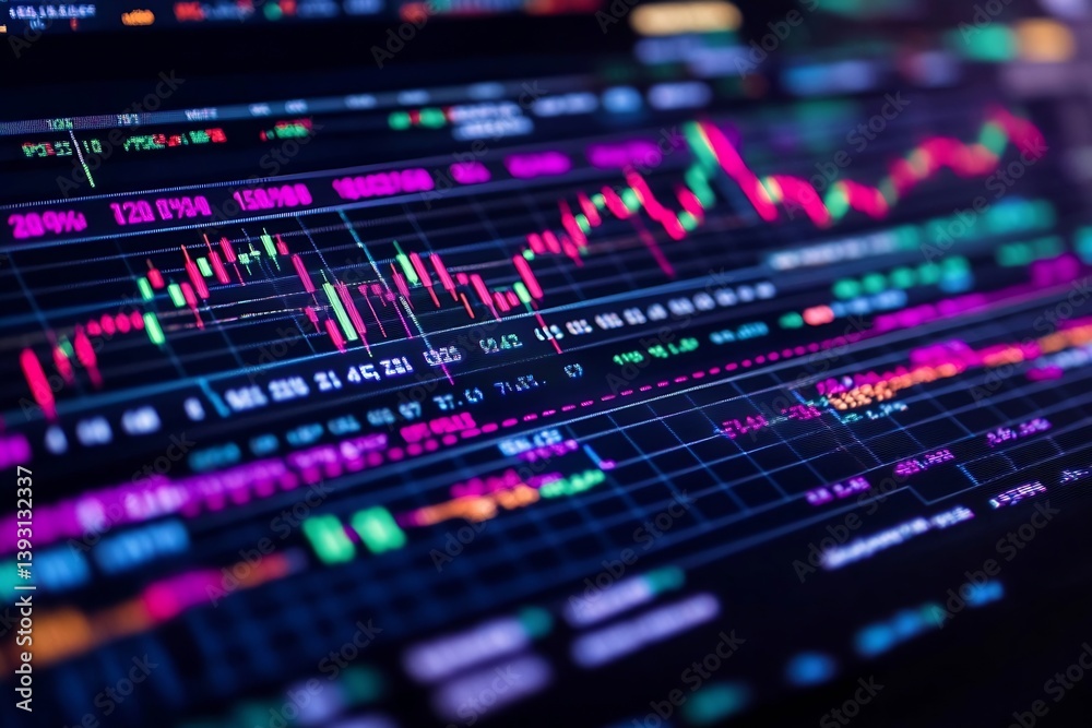 Fototapete Financial Stock Market Data Detailed Chart Analysis with Candlestick Patterns for Trading Investment and Business Backgrounds : Generative AI