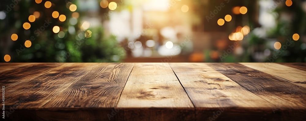 Poster Rustic Wooden Tabletop with Bokeh Lights Background Warm and Inviting Atmosphere Perfect for Food Product Displays : Generative AI
