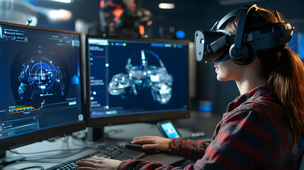 Young woman wearing a VR headset, interacts with a computer displaying 3D models and data.  She's immersed in a virtual environment, possibly designing or testing technology.