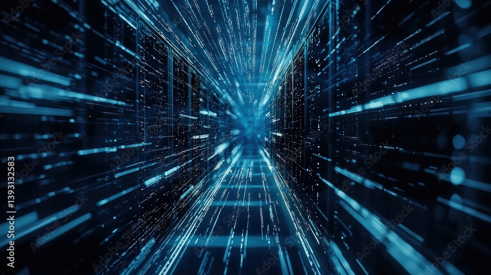 Poster Futuristic data stream corridor with glowing blue digital trails creating a tunnel effect. Ideal for technology concepts, data flow, networking, and high-speed connectivity themes