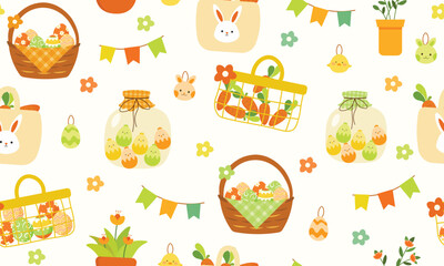 Easter seamless pattern, eggs, basket, rabbit, bunnies colorful flower, carrot pastel color, cute baby colors, vector illustration orange, green, creative, banner, background