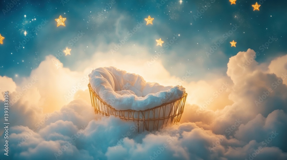 Poster dreamy cradle nestled in clouds with twinkling stars creating a serene bedtime atmosphere