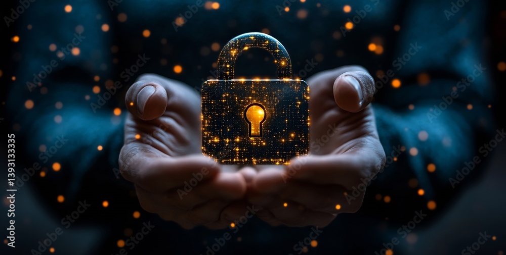 Poster Cyber Security Concept Hands Holding Glowing Padlock Data Protection and Encryption : Generative AI