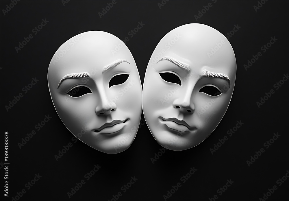 Poster minimalist artistic portrayal of pristine white masks showcasing strong facial features against a bl