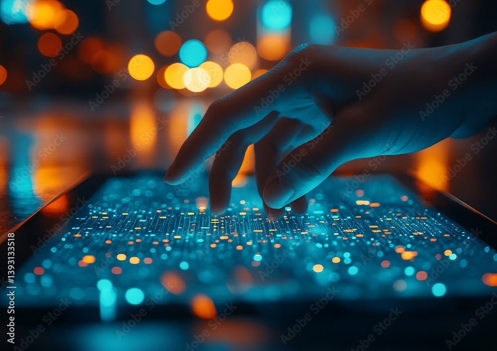 Poster Hand Touches Tablet Displaying Futuristic Blue Data Visualization and Bokeh Background Technology and Innovation : Generative AI