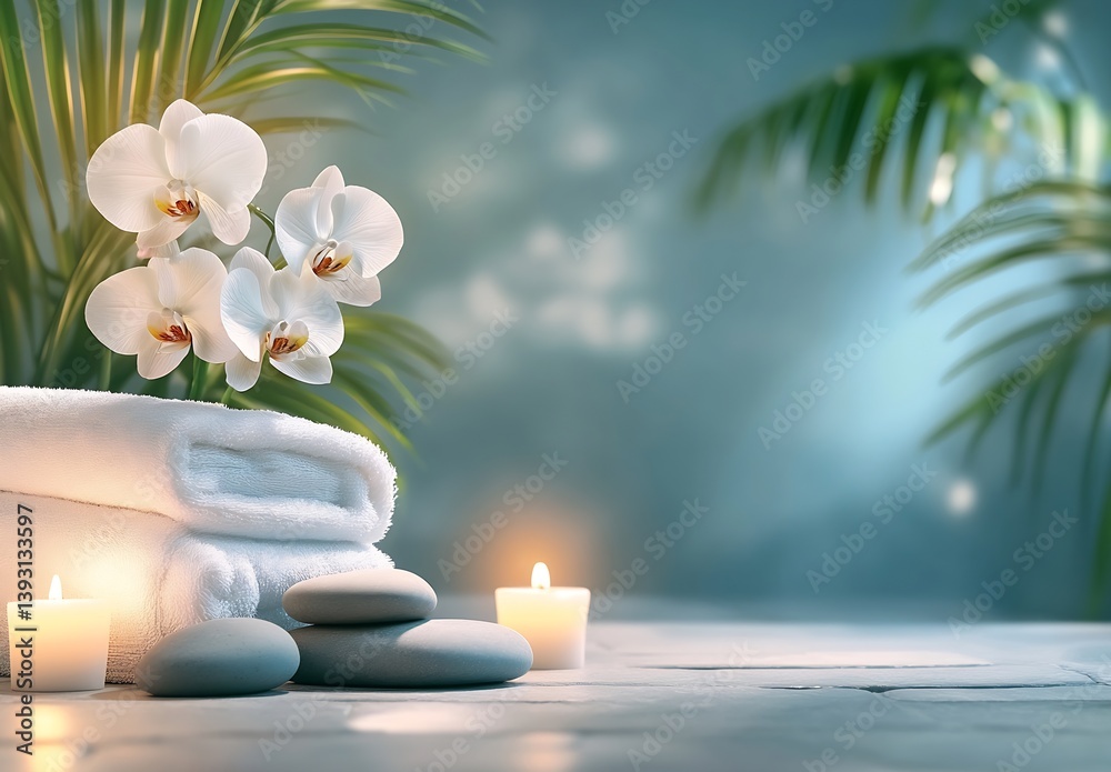 Aufkleber serene spa scene with white orchids rolled towels and glowing candles for relaxation and wellness : 