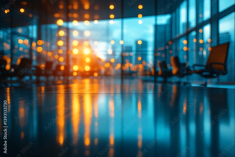 Aufkleber modern office interior at night with bokeh lights reflection abstract corporate space business setti
