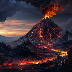 Erupting volcano with lava flow under dramatic skies  