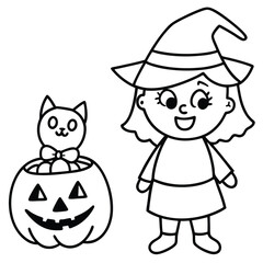 Cartoon vector illustration art of a funny Halloween cat character with a hat and pumpkin, perfect for a fun holiday celebration