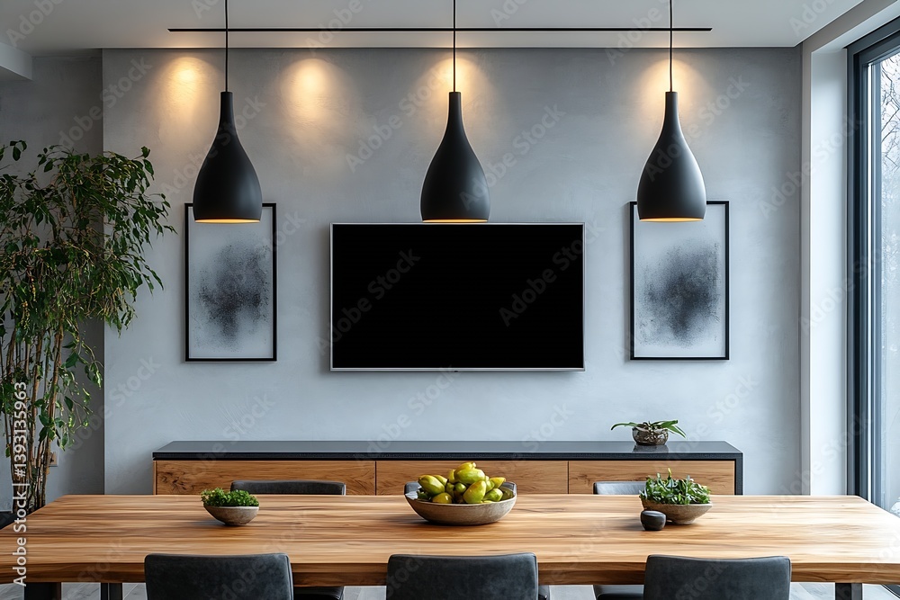 Poster Modern Dining Room with Minimalist Decor Hanging Lights and Elegant Wooden Table Setting : Generative AI