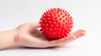 Caucasian hand gripping textured red spiky massage ball, supporting physiotherapy, rehabilitation, stress reduction, hand strength training, wellness enhancement