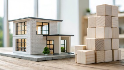 A detailed model house made of white bricks is displayed alongside wooden building blocks on a wooden surface, suggesting creativity and architectural design.