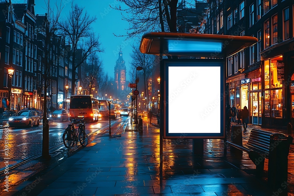 Aufkleber rainy evening in amsterdam with a blank billboard ready for your message captivating cityscape : gen