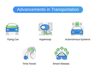 Advancements in Transportation Icon Set. Flying Car, Hyperloop, Autonomous Systems, Time Travel, Smart Glasses. Vector icon set
