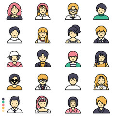 An icon set of vector people in color, easy line drawing, minimal style, staff customer service cartoon
