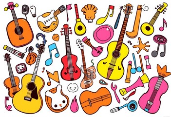 Naklejka premium Joyful doodle set of various musical instruments, whimsical style, whimsical, happy