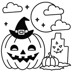 Spooky orange halloween pumpkin witch with hat, cat, and broom illustration for autumn holiday