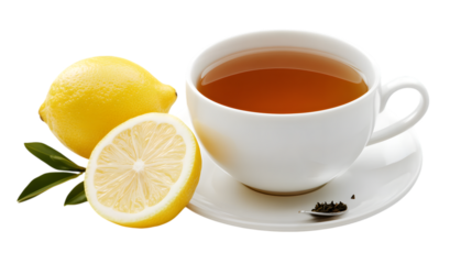 Hot cup of tea with lemon on white background