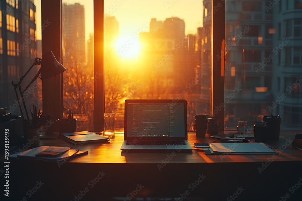 Aufkleber Warm Sunset View from Office Window with Laptop Cozy Workspace at Golden Hour Coding on Computer with Cityscape : Generative AI