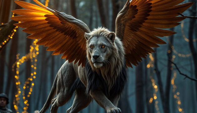 Fantasy winged lion. Half lion, half eagle with golden wings in the forest. Magical creature with glowing eyes