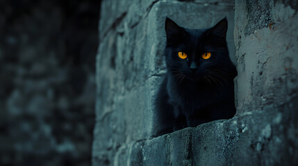 A striking black cat with piercing yellow eyes sits perched on a stone ledge, peering out from the shadows. The dark, moody lighting enhances the mysterious feline's allure.