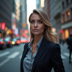 Obraz premium Confident Blonde Businesswoman in Dark Suit Amidst Blurry City Street Scene