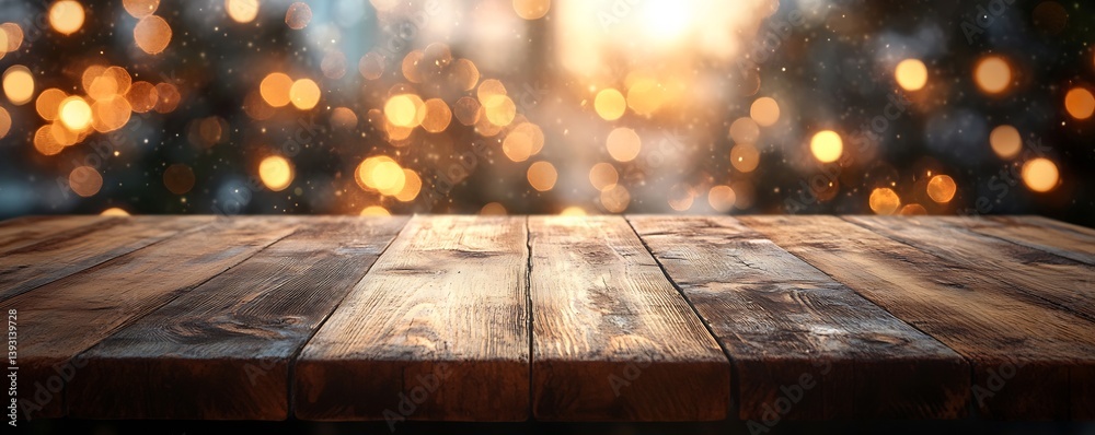 Poster Rustic Wooden Tabletop with Bokeh Lights Background Perfect for Product Display and Festive Christmas Holiday Themes : Generative AI