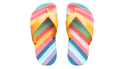 pair of striped flip flops on white background