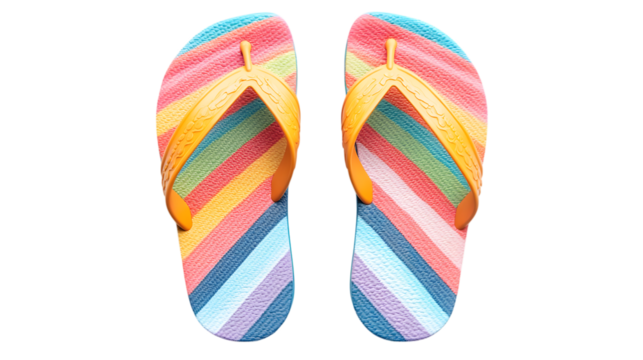 pair of striped flip flops on white background
