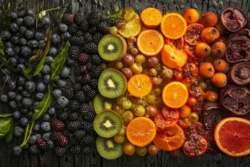 different fruits and berries that differ from each other by their color gradient