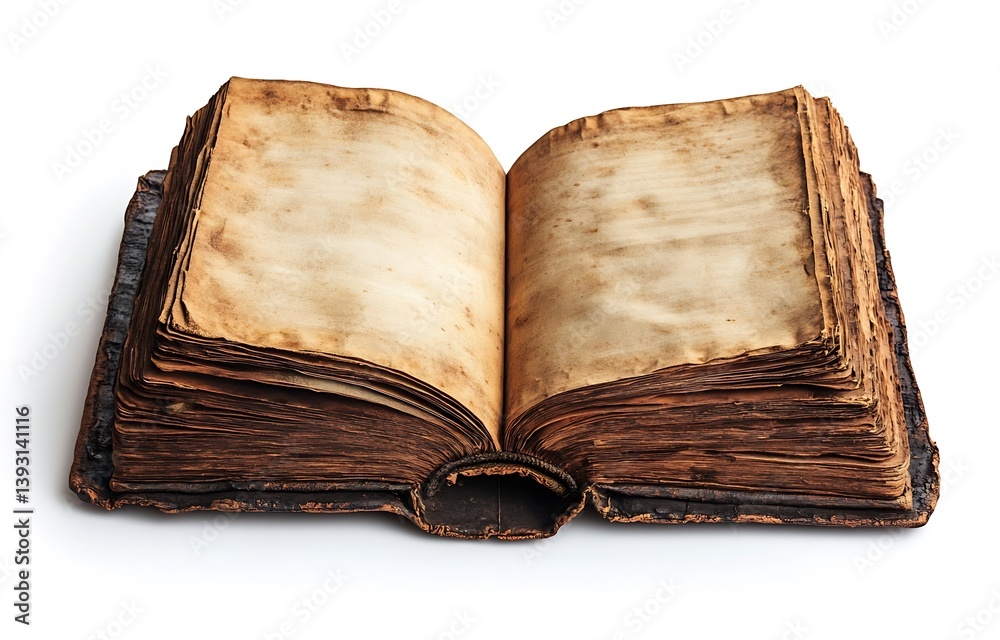 Poster Antique Open Book with Aged Pages and Texture on White Background Old Grimoire with Blank Sheets and Vintage Look : Generative AI