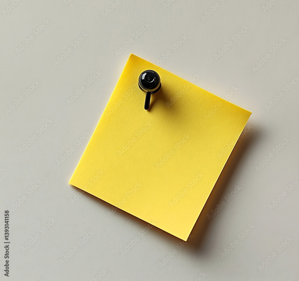 Poster yellow sticky note pinned to wall close up simple reminder notice blank memo space for text message 