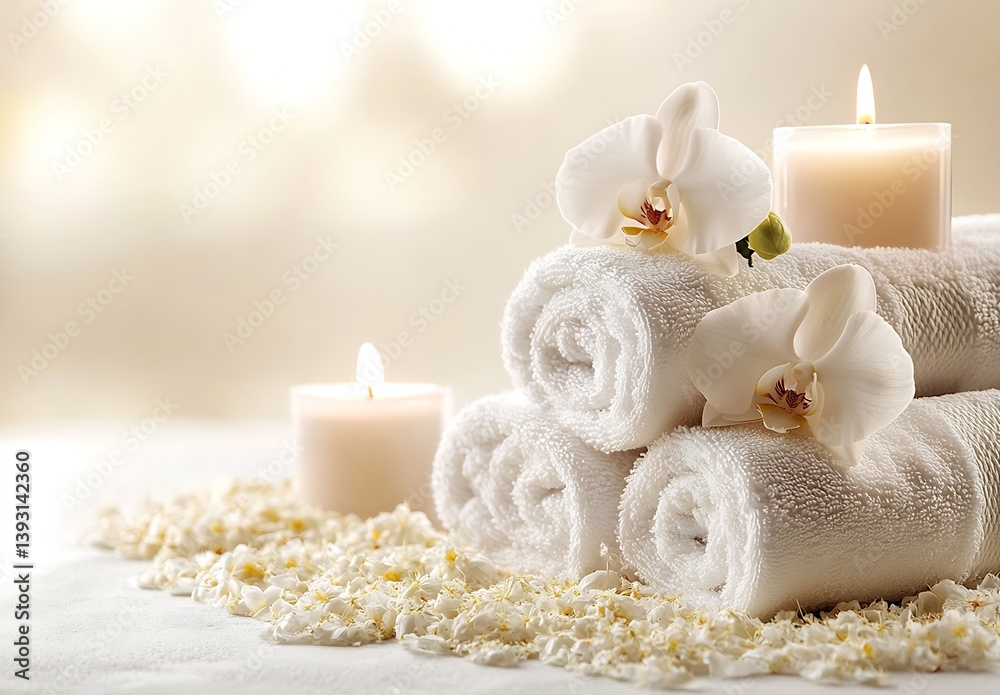Poster cozy spa scene with rolled towels orchids and candles creating a serene atmosphere : generative ai
