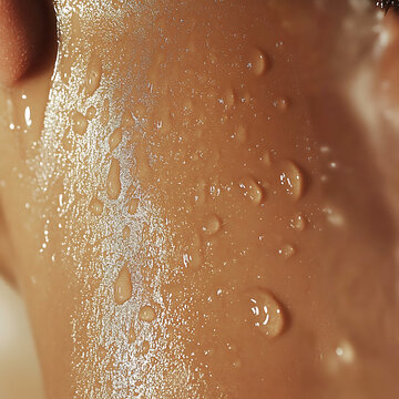 Close-up of water droplets. on a person's skin, showcasing hydration and sweat .