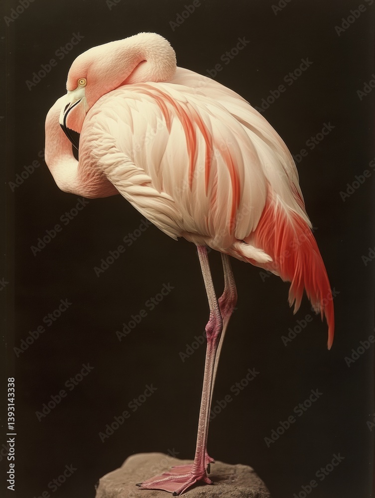 Poster elegant flamingo balancing on one leg with a serene posture amidst a soft backdrop