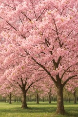 Naklejka premium Cherry Blossom Trees Create a Beautiful Pink Pathway in Springtime Park Setting