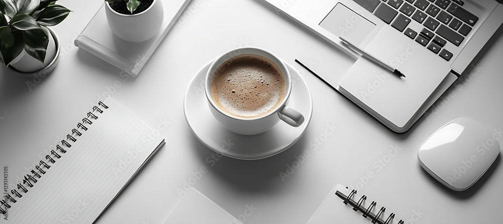 Poster minimalist workspace with coffee cup laptop and notebook on white desk for a creative and productive