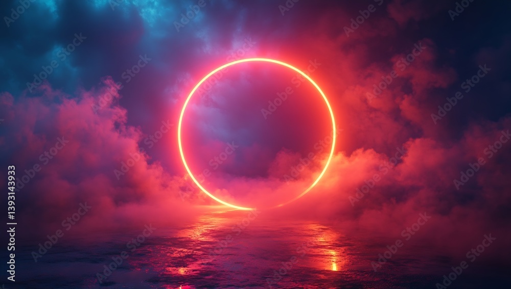 Poster neon ring portal with pink and blue clouds reflecting on water for futuristic and fantasy background
