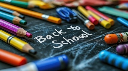 Obraz premium Colorful school supplies on a chalkboard, ready for the new school year. Back to school message written in chalk