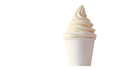 Realistic soft serve frozen yogurt with creamy white swirl in white cup on white background