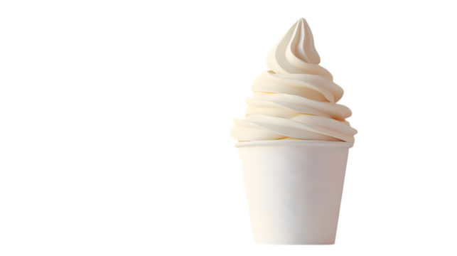 Realistic soft serve frozen yogurt with creamy white swirl in white cup on white background