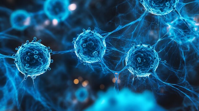 Blue Glowing Tumor Cells in Lymphatic Channels &ndash; Medical Concept