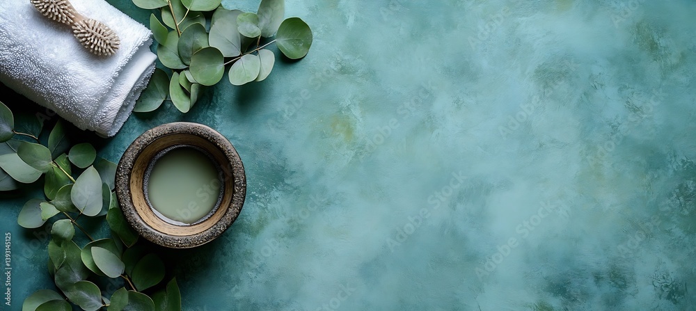 Poster aesthetic arrangement of spa materials including herbs towels and a bowl of calming green essence on