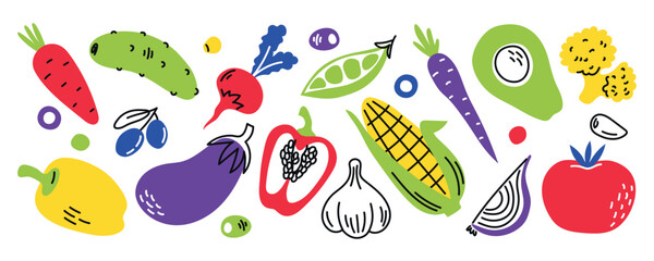 Vegetables hand drawn doodle set. Sliced ​​and whole bell pepper, avocado, onion, garlic. Fresh vegetarian healthy food. Hand drawn vector