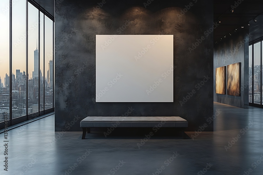 Poster modern art gallery interior with blank canvas and city view perfect for mockups and design presentat