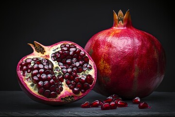 pomegranate split open, revealing its ruby seeds