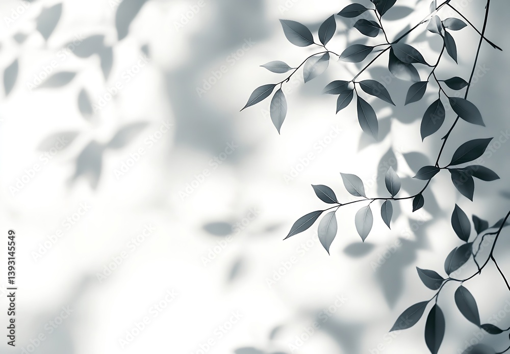 Poster minimalist leafy branch on white background natural light and shadow for serene organic designs : ge