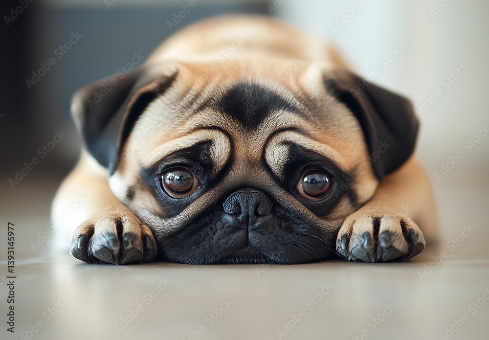 Poster adorable pug dog resting its head on the floor with big soulful eyes looking directly at the camera 