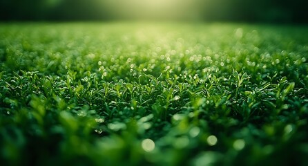 Lush Green Grass Field Under Bright Sunlight Morning Dew Nature Scenery Fresh Growth Beautiful Outdoor Environment : Generative AI